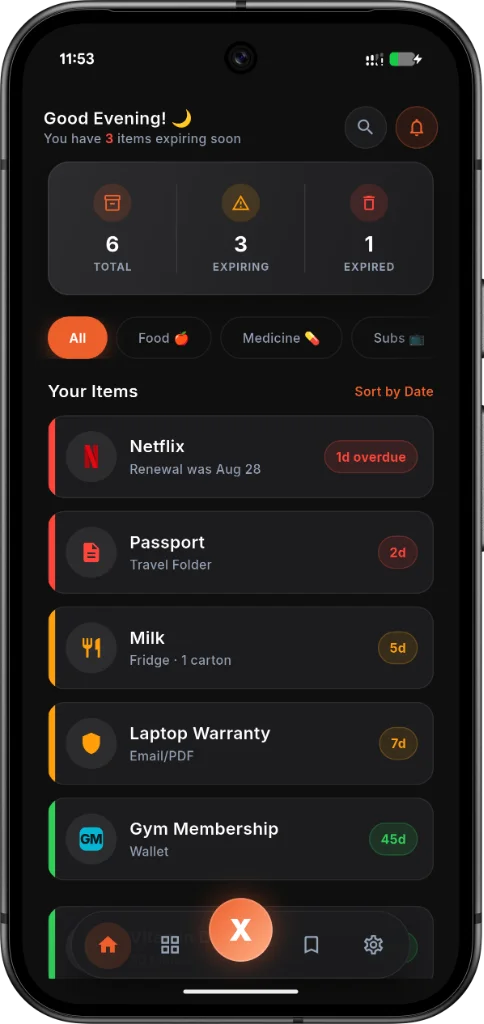 Xpir Mobile App Interface — Real Dashboard